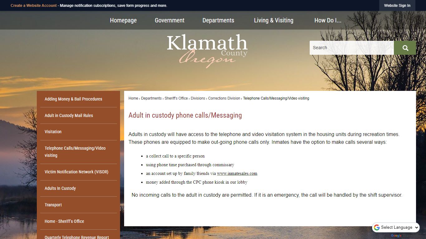 Adult in custody phone calls/Messaging | Klamath County, OR